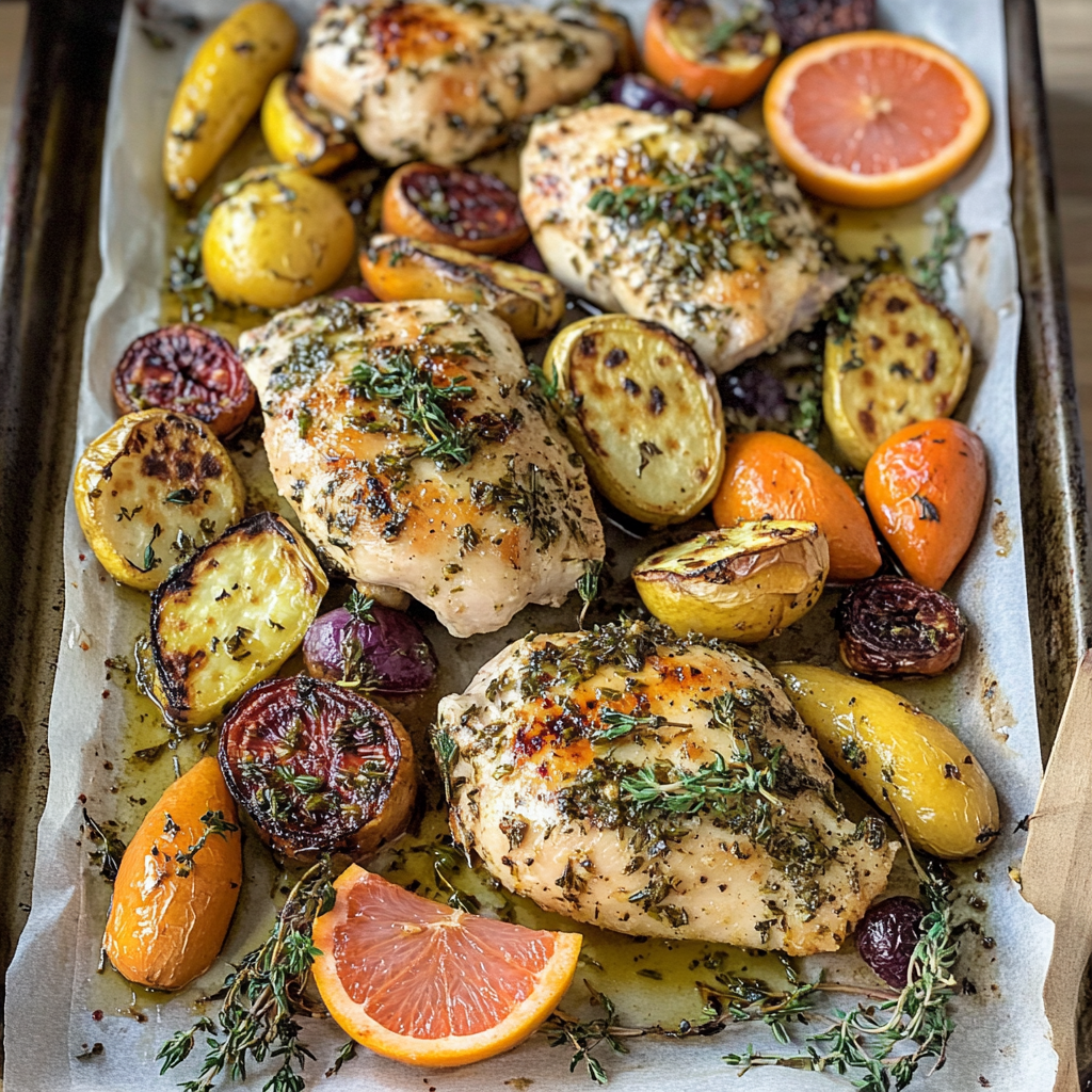 Recipe preparation for Herb Grapefruit Sheet Pan Chicken with Roasted Vegetables