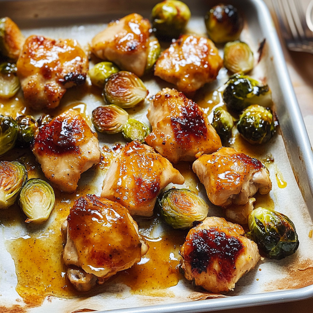 Recipe preparation for Honey Mustard Sheet Pan Chicken with Brussels Sprouts