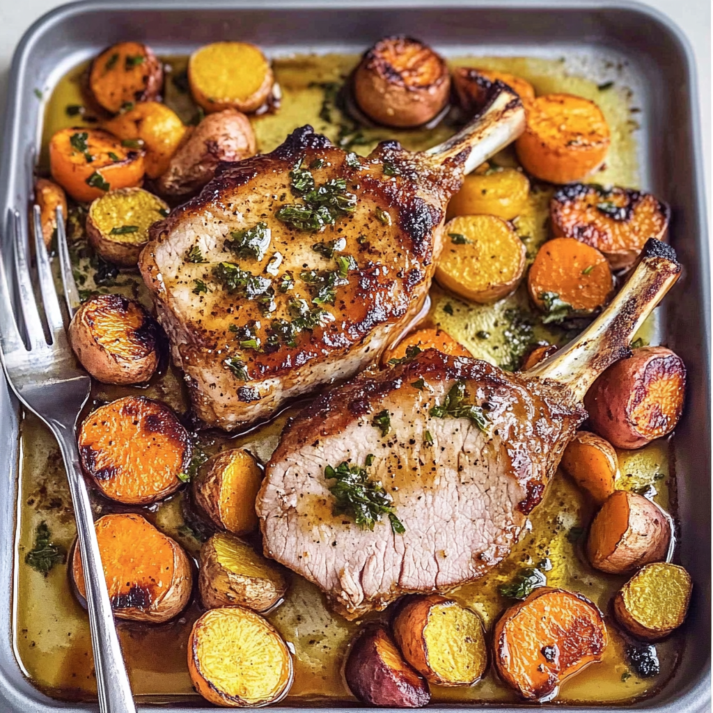 Recipe preparation for Sheet Pan Maple-Mustard Pork Tenderloin with Root Veggies