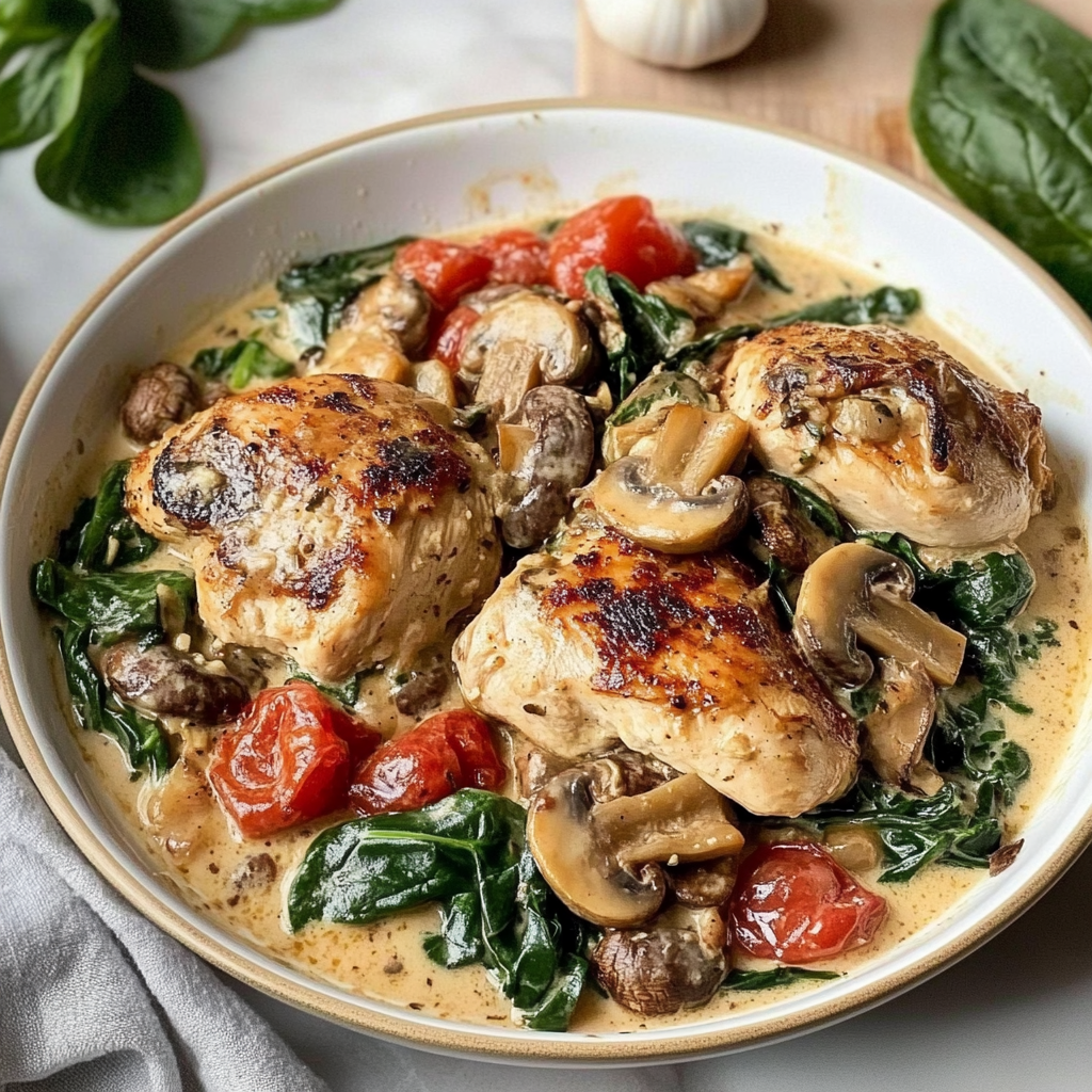 Recipe preparation for Slow Cooker Tuscan Chicken with Mushrooms & Spinach