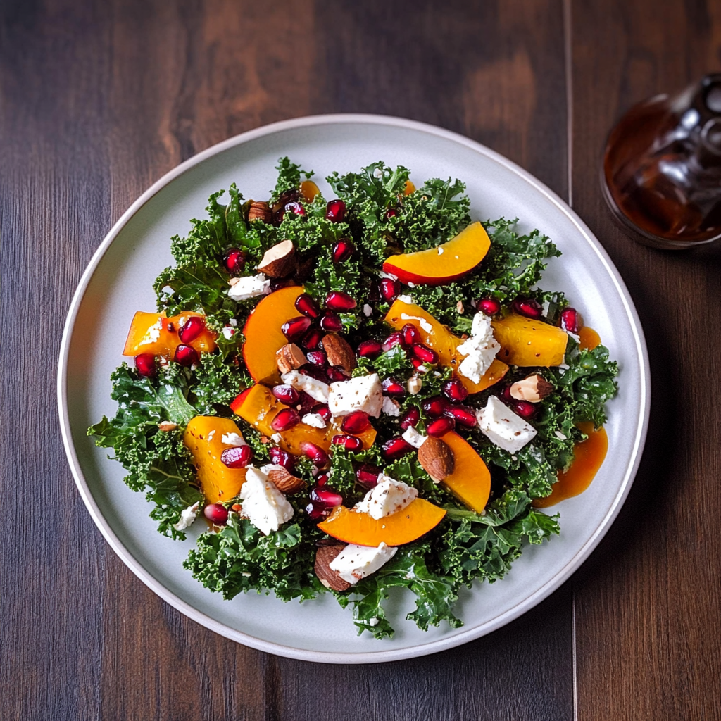 Recipe preparation for Holiday Salad with Kale, Persimmon and Pomegranate