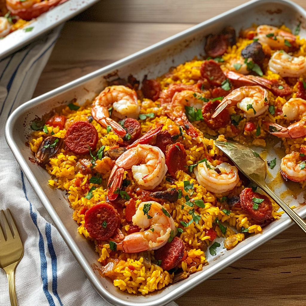 Recipe preparation for Sheet Pan Shrimp & Chorizo Paella-Style Bake