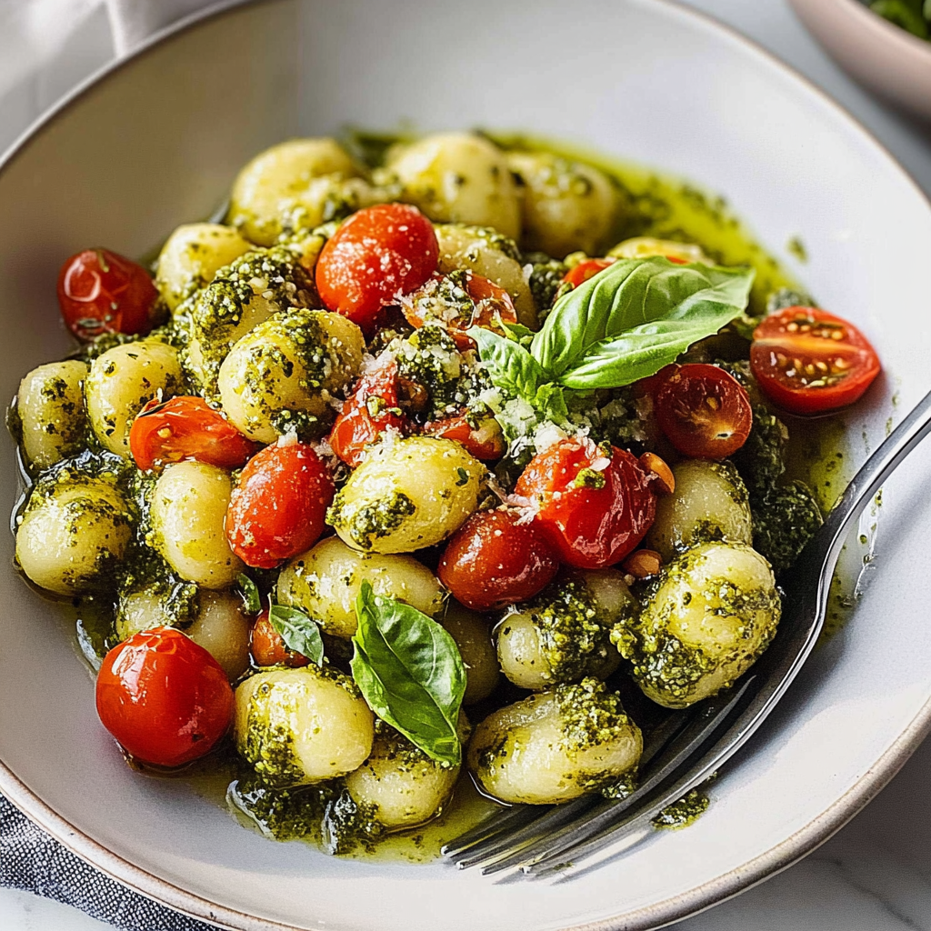 Recipe preparation for Festive Pesto Gnocchi with Cherry Tomatoes