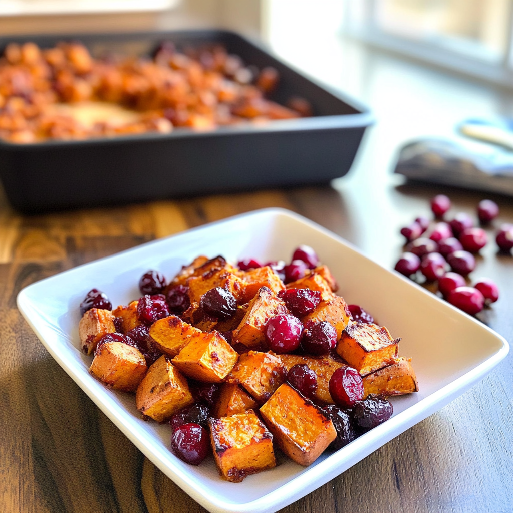 Recipe preparation for Sheet Pan Sweet Potato & Cranberry Bake