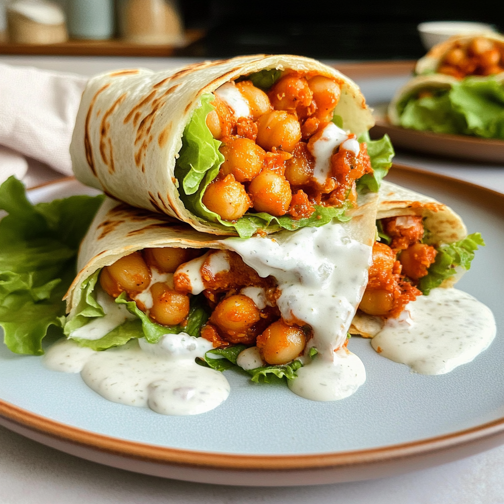 Recipe preparation for Buffalo Chickpea Wraps with Ranch Dressing