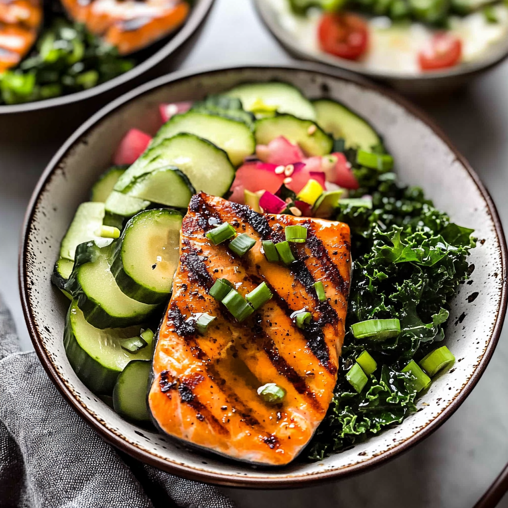 Recipe preparation for Grilled Salmon Bowl with Garlicky Kale